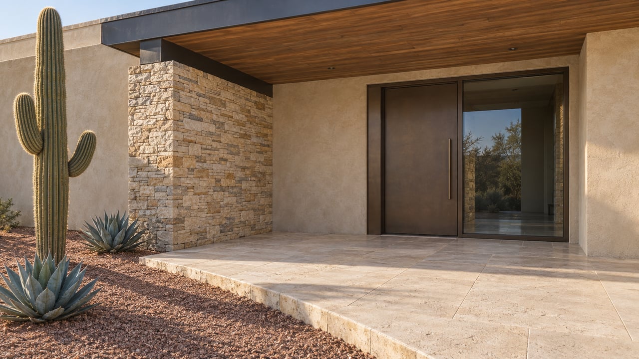 Low-angle view of a stone and stucco home entrance with a cedar overhang, bronze-framed glass door, saguaro cactus and two agaves beside a limestone approach.