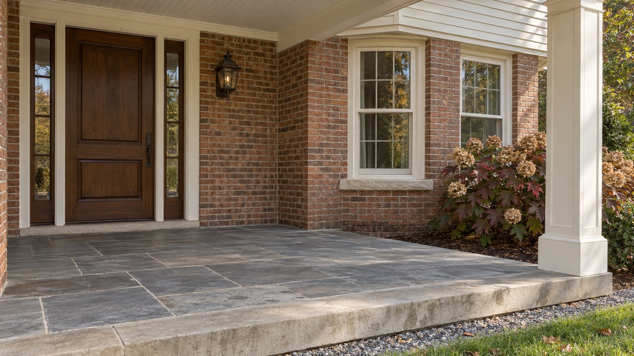 Covered porch with a walnut entry door, red brick window bay, bluestone paving and autumn oakleaf hydrangea.