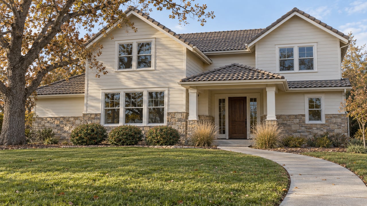 An established two-story home with pale siding, stone veneer and tiled gables beyond a deep front lawn and curved entry walk, shaded by a mature oak.