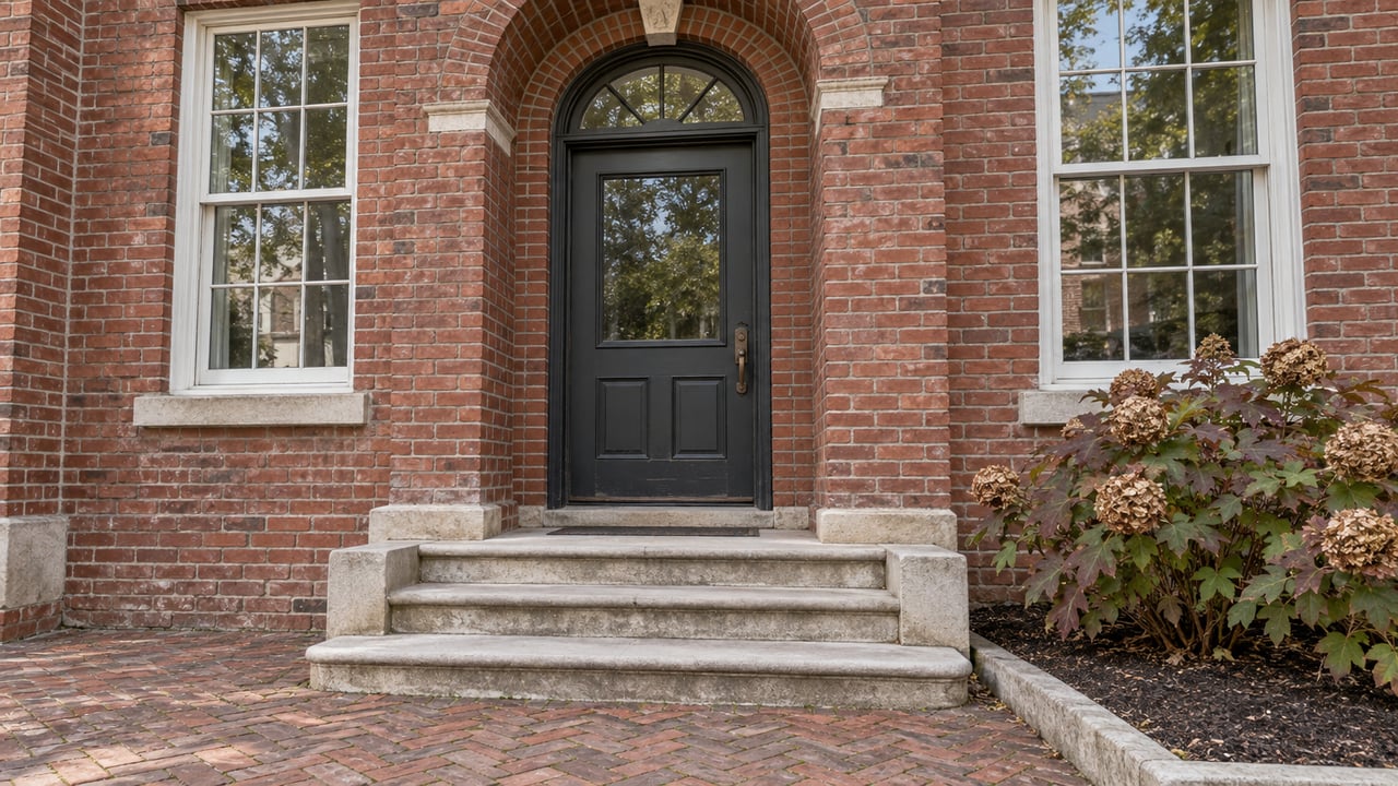 Historic red-brick home entrance with a charcoal door, arched transom, paired sash windows, worn limestone steps, and an oakleaf hydrangea.