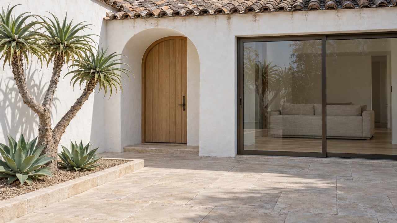 Sunlit white stucco home with a clay tile roof, recessed oak entry door, limestone courtyard and sculptural aloe.
