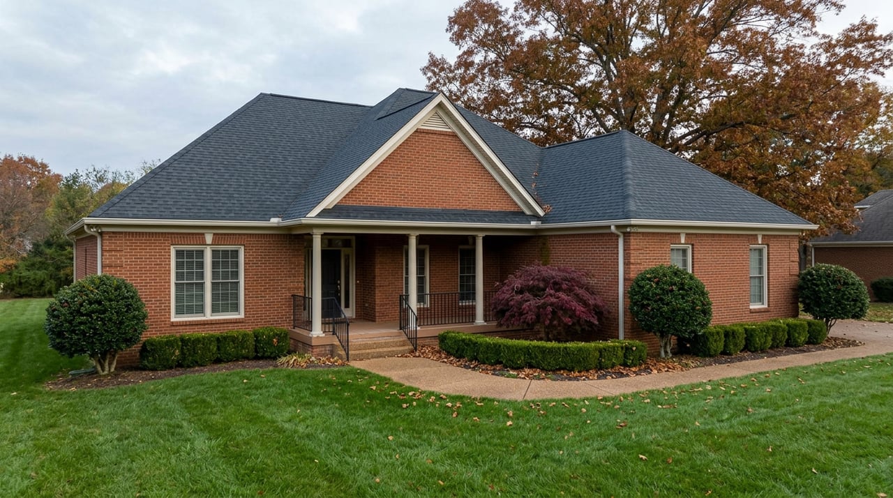 Brick suburban home with a covered porch, broad lawn, and autumn oak canopy.