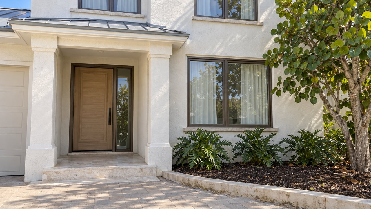 Sunlit two-story home entry with warm-white stucco, bronze-framed windows, limestone steps and a sculptural evergreen tree.
