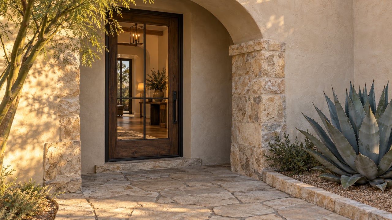 Closed glazed oak door beneath a shallow stucco arch, with limestone pavers and a sunlit tree at left.
