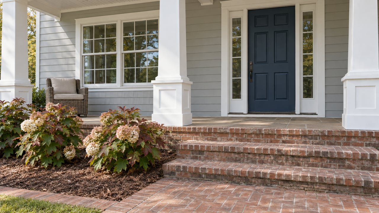 Pale-gray home with a raised brick-trimmed porch, navy front door and oakleaf hydrangeas beside a brick approach.