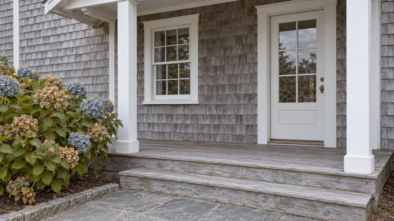 Weathered cedar-shingle cottage entry with white trim, cedar steps, gray stone paving and a dusty-blue hydrangea shrub.