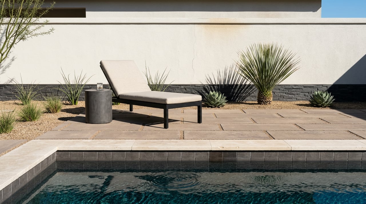 Private pool with teal water, a black chaise lounge, and desert plants against a stucco wall.