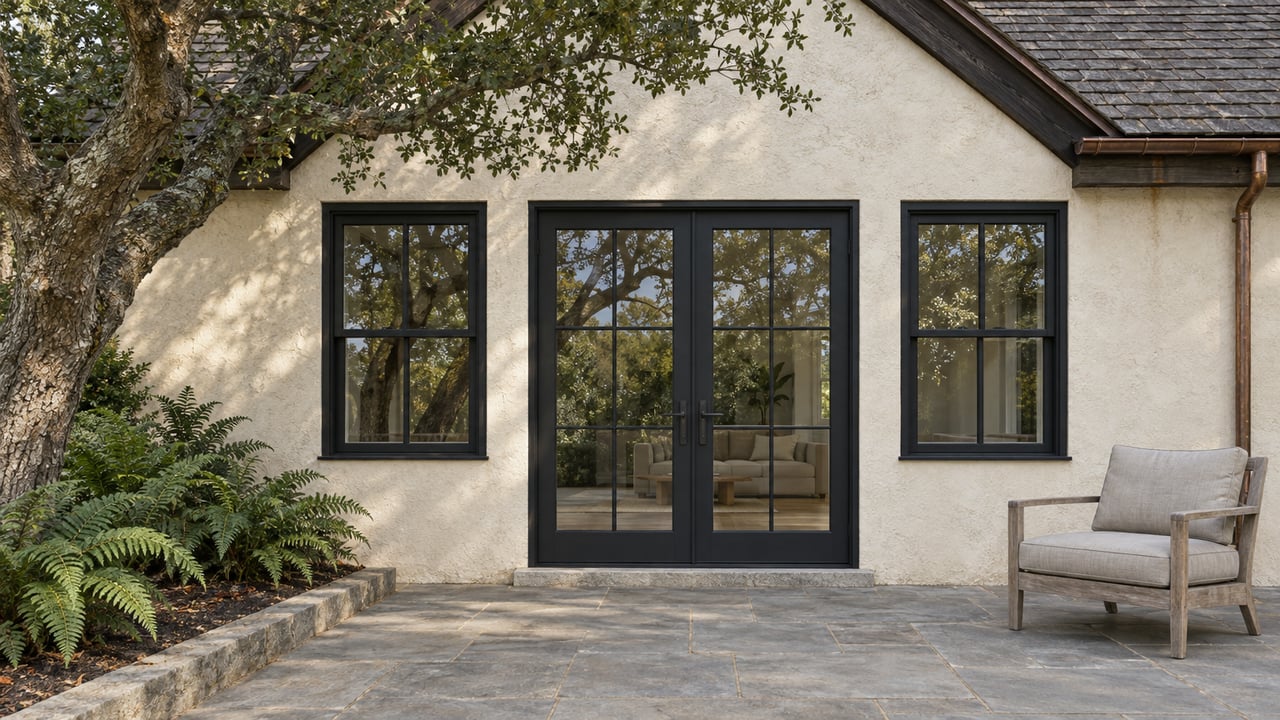 Steep-gabled ivory stucco home with black-framed glazed doors, sandstone terrace, a weathered teak chair, and a mature live oak beside a fern bed.
