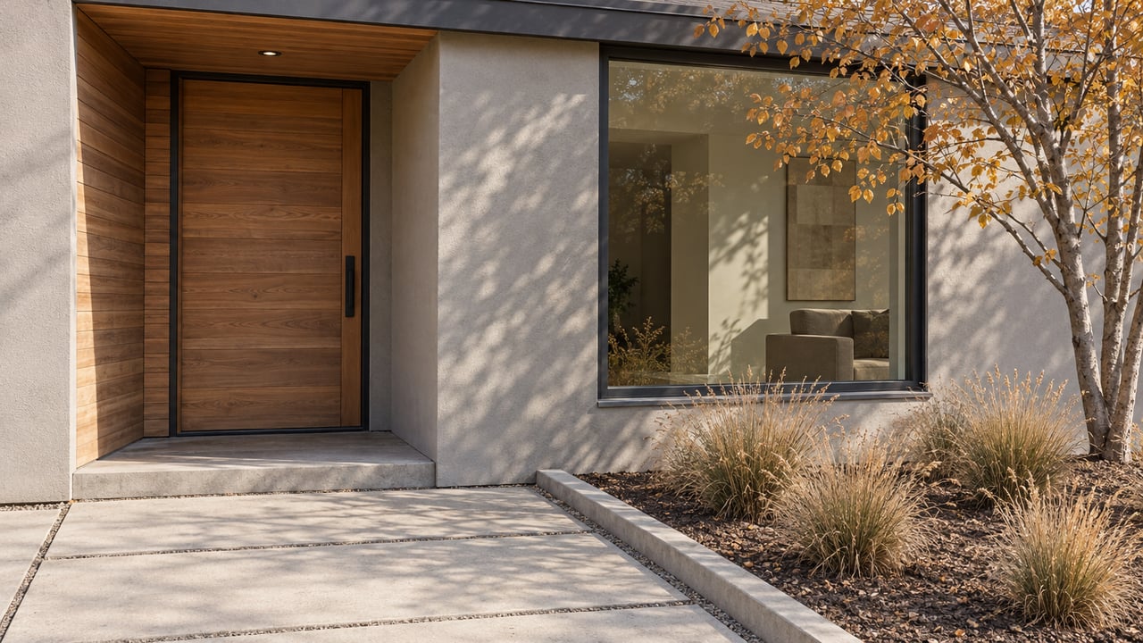 Cedar entry and charcoal-framed picture window in a warm-gray contemporary facade, beside autumn serviceberry and dry ornamental grasses.