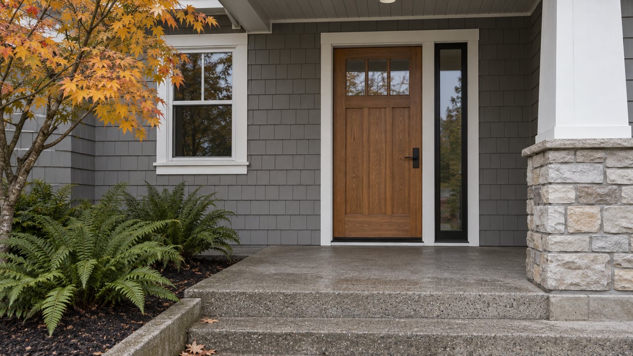 Covered home entry with gray cedar shingles, a warm oak door, pale stone porch support and golden maple leaves above damp concrete steps.