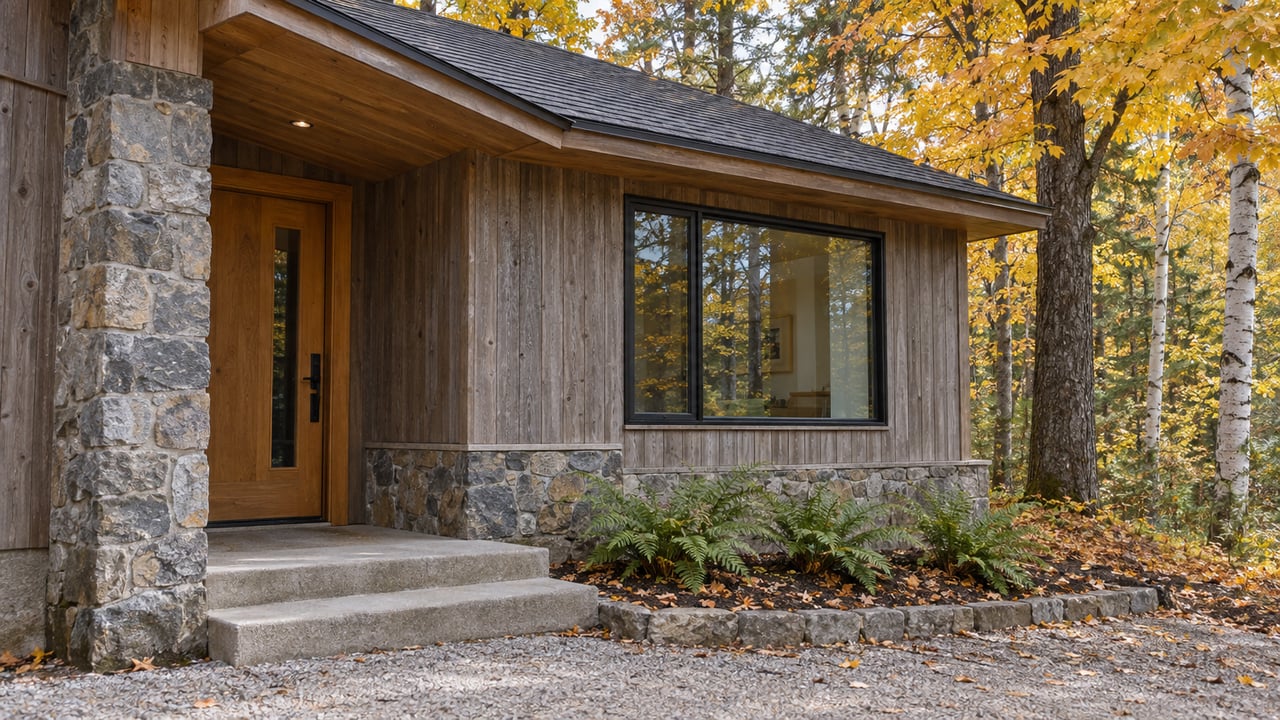 Modern wood-sided house with stone accents and a gravel entry, surrounded by autumn trees.