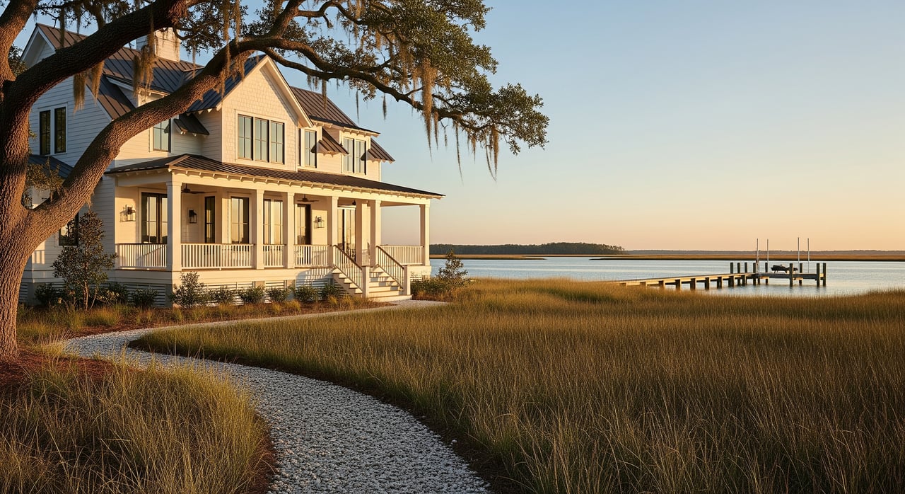 White coastal house with a wraparound porch beside marsh grass, a curving path, and a wooden dock.