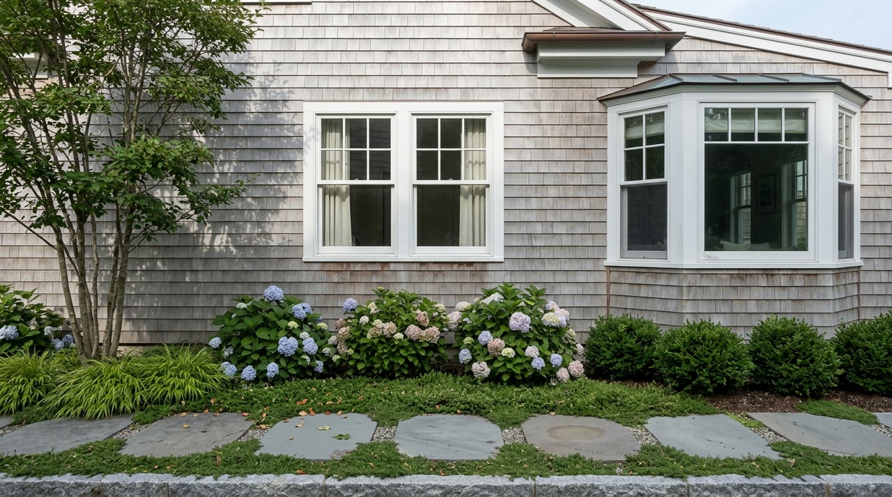 Weathered shingle-sided home beside a curving bluestone path, hydrangeas, and a bay window.