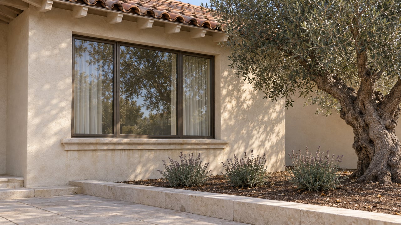 Sunlit terracotta eaves and sand-colored stucco above a bronze-framed window, beside a mature olive tree and limestone-bordered planting bed.