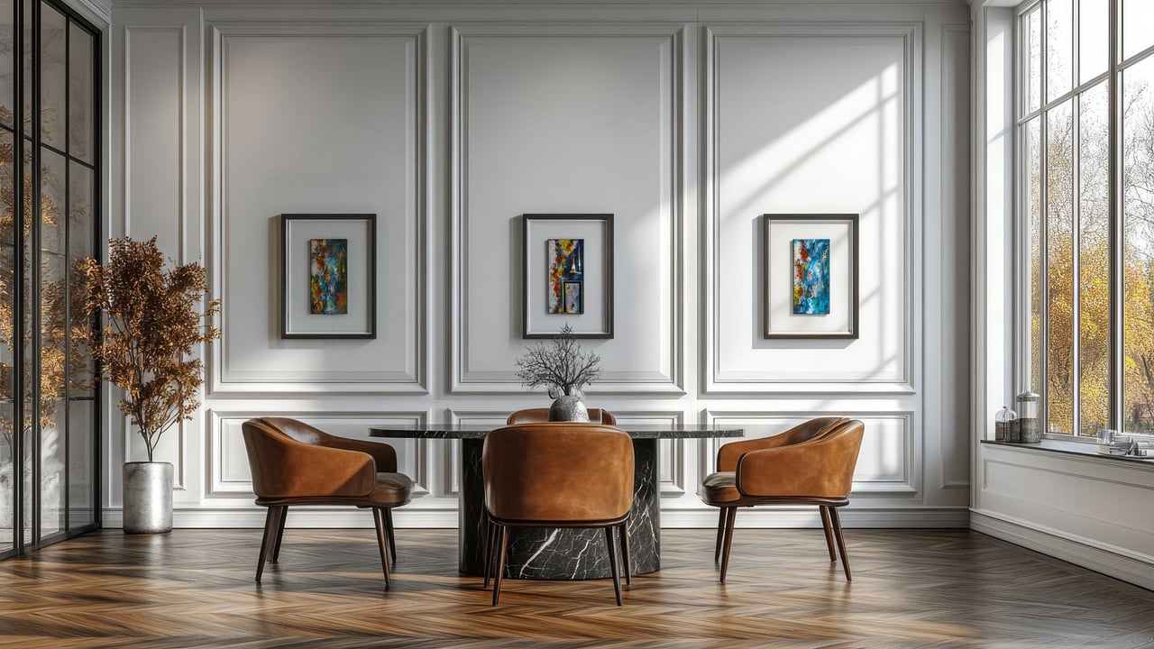 An elegant modern classic dining room interior featuring detailed wall panelling, diagonal parquet hardwood flooring, a round marble dining table, cognac leather chairs, and modern abstract artwork, showcasing luxury home design trends and high end home decor in the GTA.