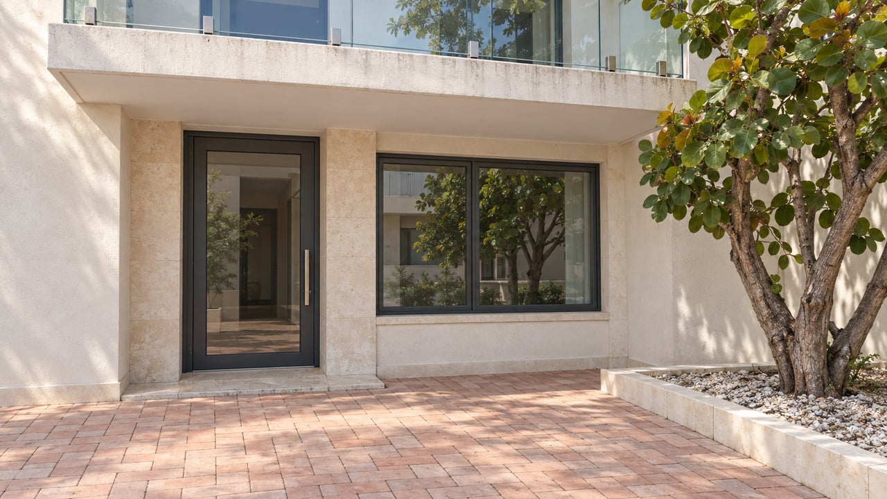 Close view of a white stucco condominium entrance with a glass balcony, salmon paving and a mature sea-grape tree.