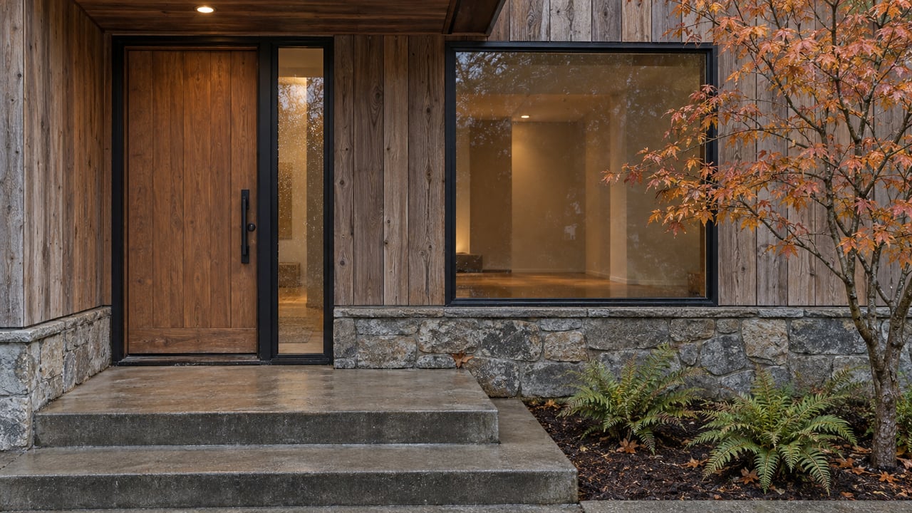 Mountain home entry with cedar door, black-framed windows, stone base, concrete steps, and sparse autumn maple.