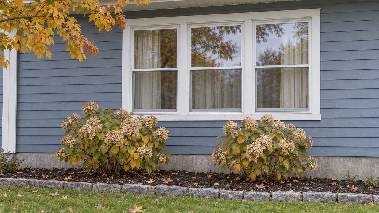 Blue-gray lap siding and a white-trimmed living-room window above autumn hydrangeas and a granite-edged planting bed.