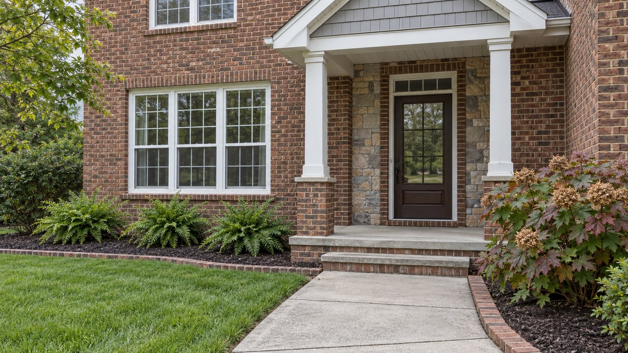 Red-brown brick home with a stone-accented covered entry, white-trimmed windows and a planted front walk.