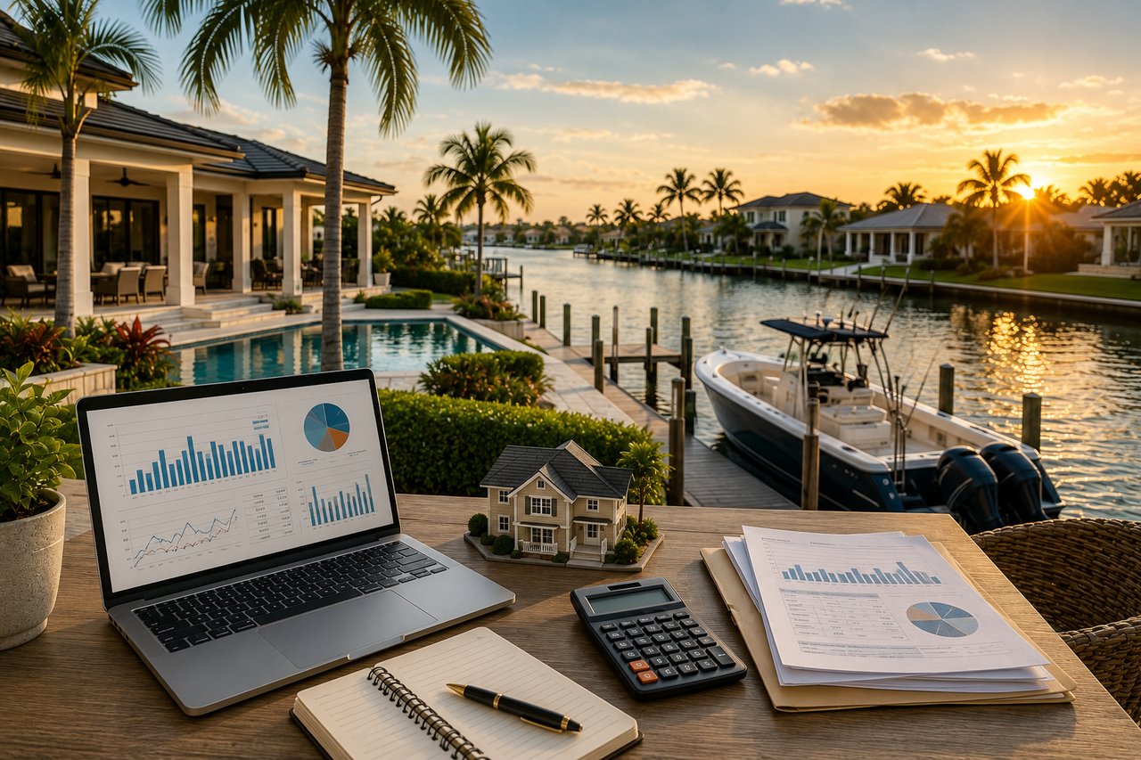 Luxury waterfront home in Cape Coral with a private dock, boat, pool, laptop displaying investment charts, calculator, and financial documents representing rental property analysis and real estate investing in Southwest Florida.