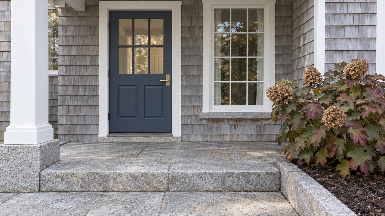 Gray cedar-shingled entry with a blue glazed door, white divided-light window, granite steps and autumn oakleaf hydrangea.