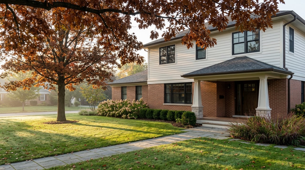 Two-story brick-and-white-sided house beyond a broad lawn, with an oak tree, fallen leaves, and a diagonal walkway.