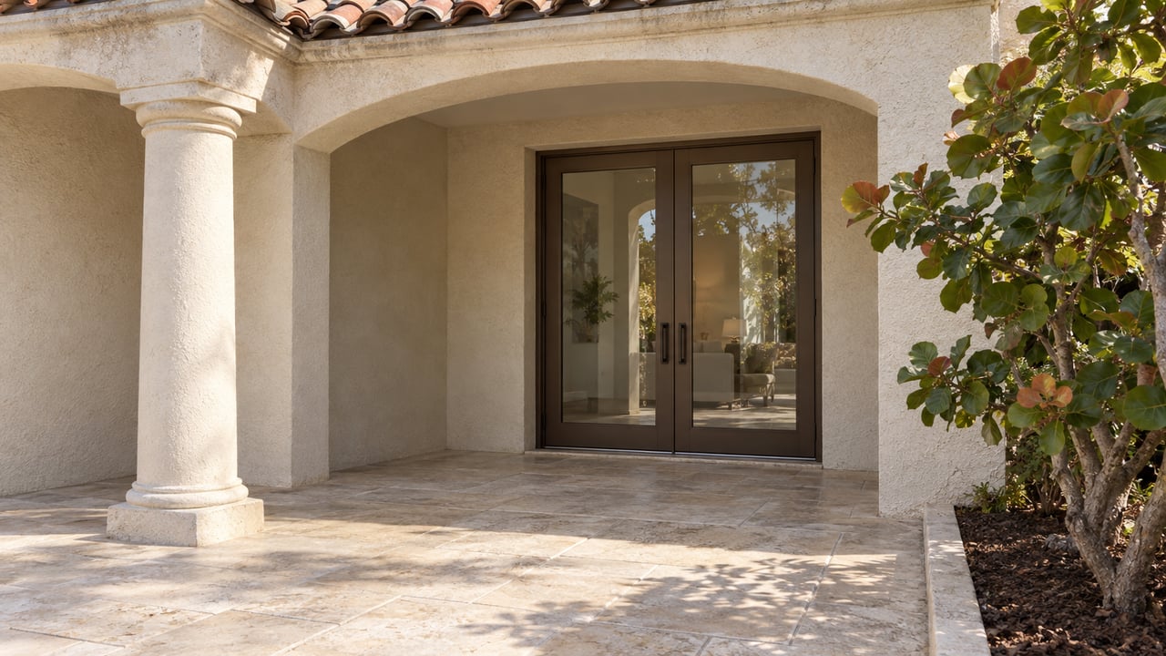 Cream stucco arch and column beside closed bronze-framed glass doors, with terracotta roof tiles, limestone terrace paving and a sea grape tree.