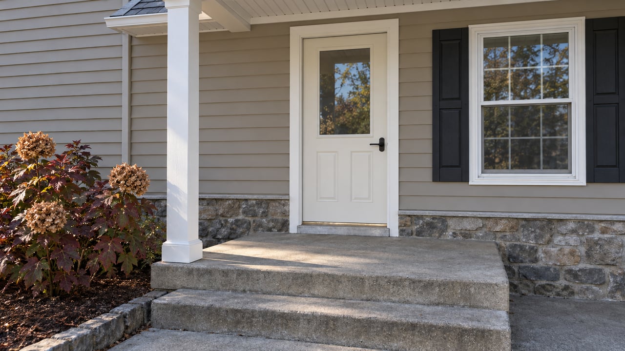 A taupe-sided home's small covered entry with a white door, black shutters, stone foundation and burgundy oakleaf hydrangea.
