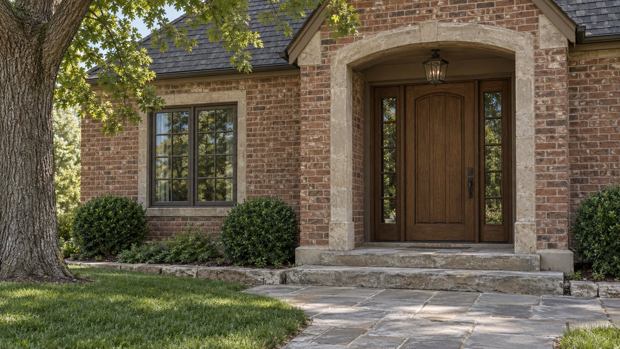 Recessed oak front door with glazed sidelights in a red-brown brick entry above limestone steps.