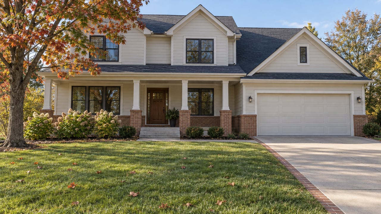 A substantial gabled house with cream siding, brick porch piers, a deep lawn and a mature oak in early autumn sunlight.