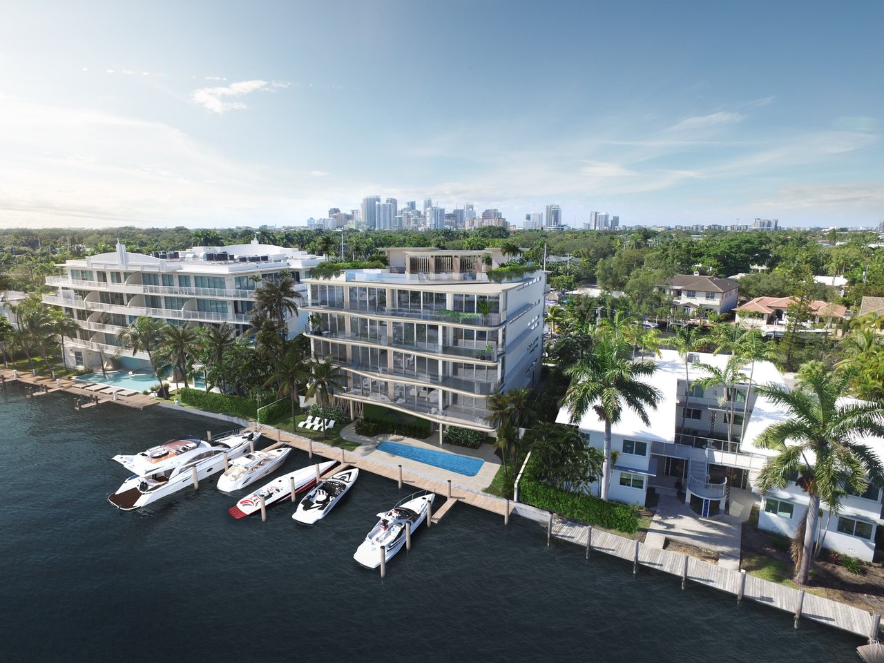 Rendering of aerial view of building and dockage at Lumière on Hendricks Isle in Fort Lauderdale.