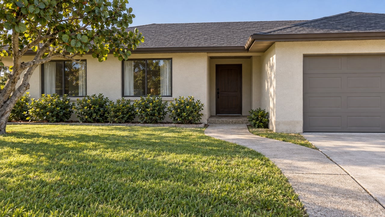 Single-story ivory stucco home with dark shingles, a recessed wood entry, and a broad green front lawn in clear afternoon light.