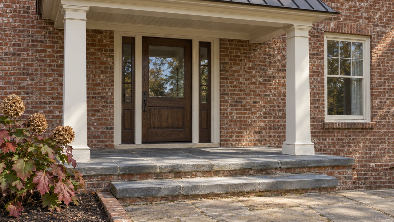 An established red-brick home with a cream-painted covered entry, oak door, stone steps and autumn oakleaf hydrangea.