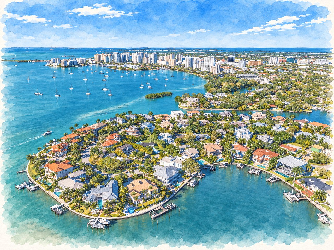 Aerial view of Harbor Acres waterfront homes, with sailboats on Sarasota Bay and the downtown skyline beyond.