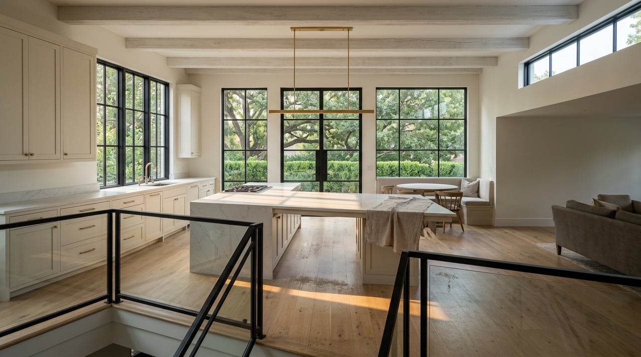 Open-plan great room with a white quartz island, glass-and-steel mezzanine railing, and oak canopy visible through tall windows.