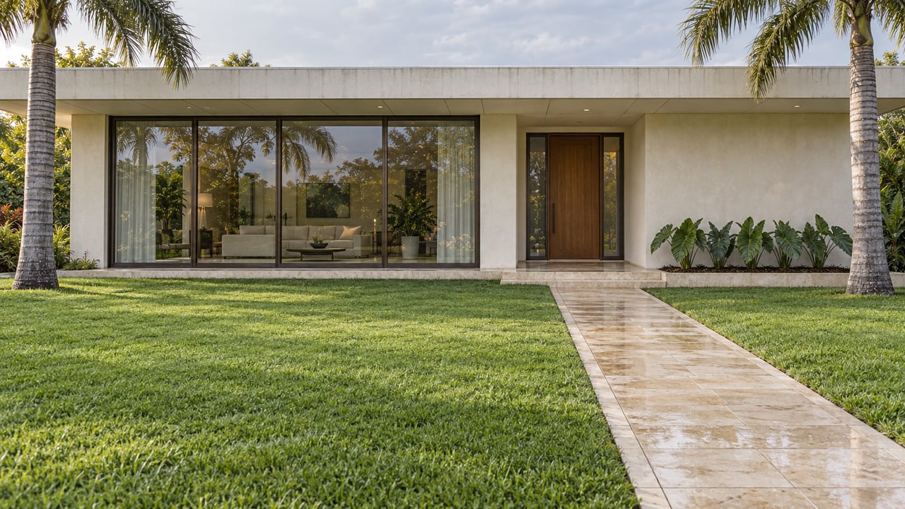 Low white contemporary home with bronze-framed windows, a limestone entry walk, deep green lawn and two mature palms after rain.