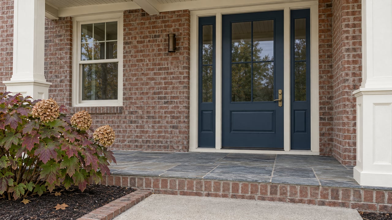 Covered brick entry with a blue glazed door, ivory trim, slate steps, and an oakleaf hydrangea with burgundy autumn leaves.