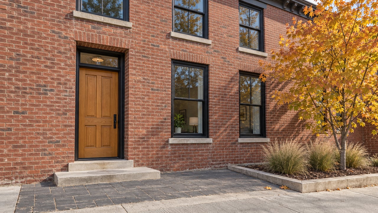 Renovated two-story red-brick residence with an oak entry door, black-framed windows, limestone steps and an autumn maple beside a paved approach.