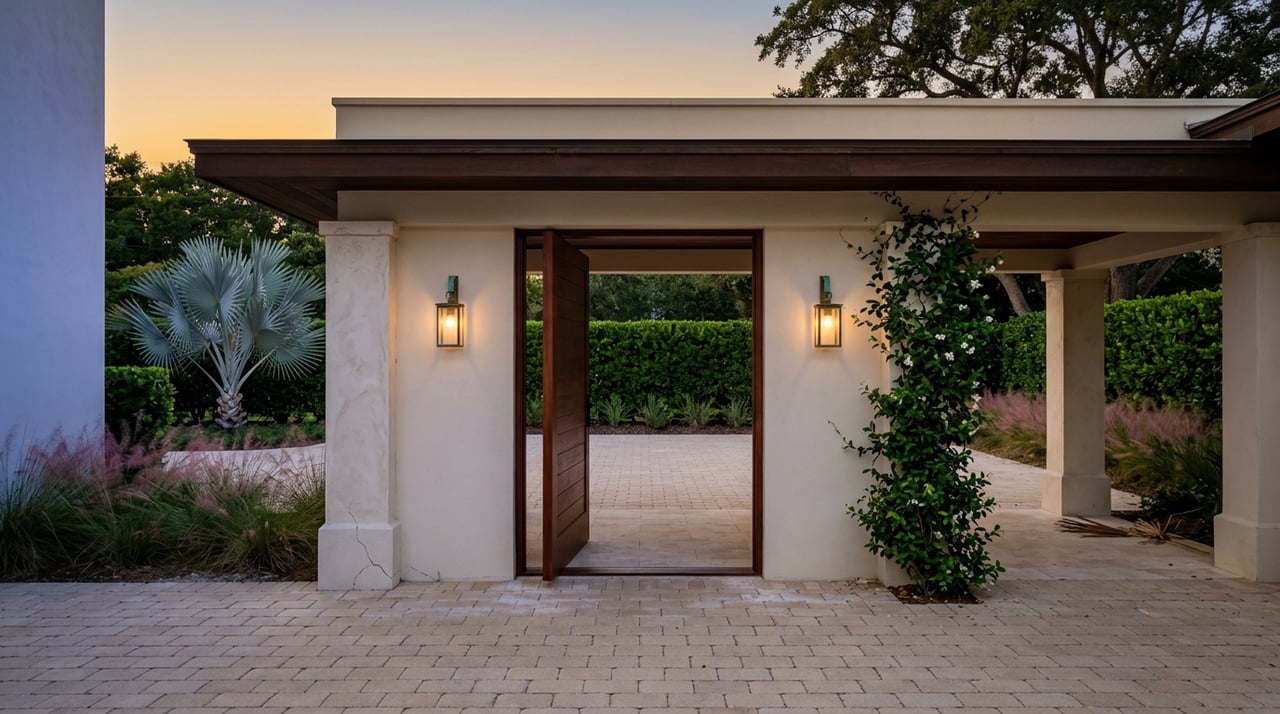 Covered loggia with a mahogany door, brass sconces, and a silver-blue palm beside a limestone-paved court.