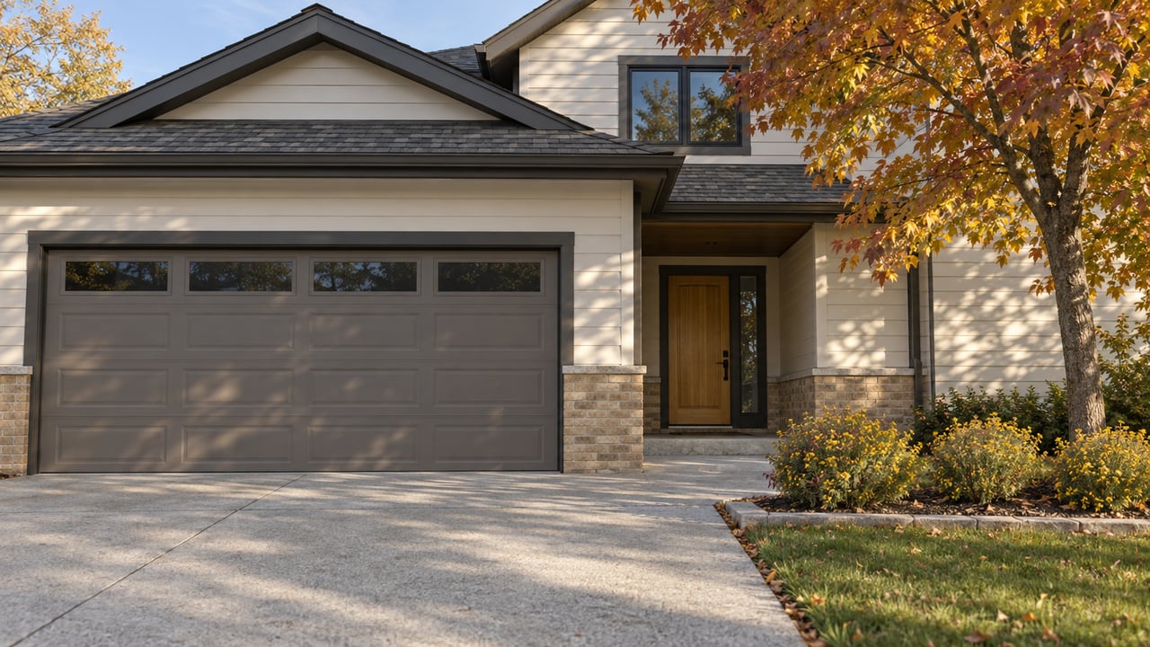 Autumn light on an off-white home's attached garage, recessed oak entry, tan brick accents and gold-leaved maple.