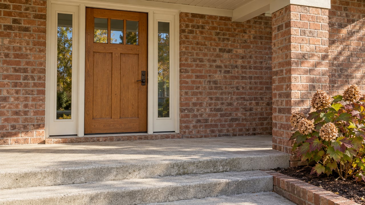Morning light across a brick home's oak front door, covered porch, and concrete steps beside an oakleaf hydrangea with autumn foliage.