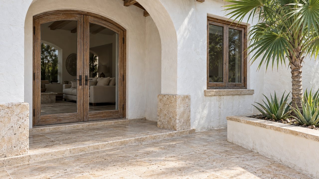 White stucco villa veranda with an arched teak-framed glass entrance, pale limestone terrace and a fan palm in a masonry planter.