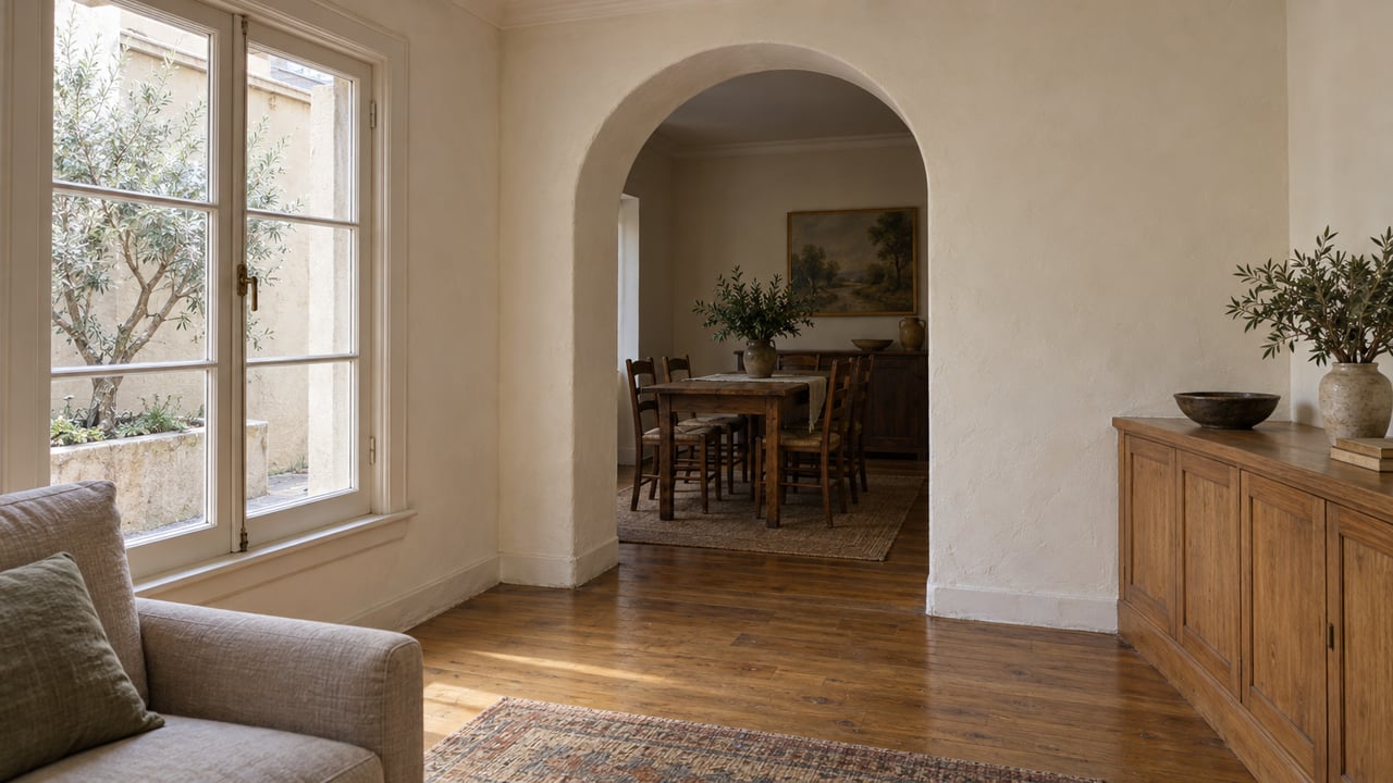 Cream-plastered living room with an arched dining alcove, oak floor, and olive tree visible through a casement window.