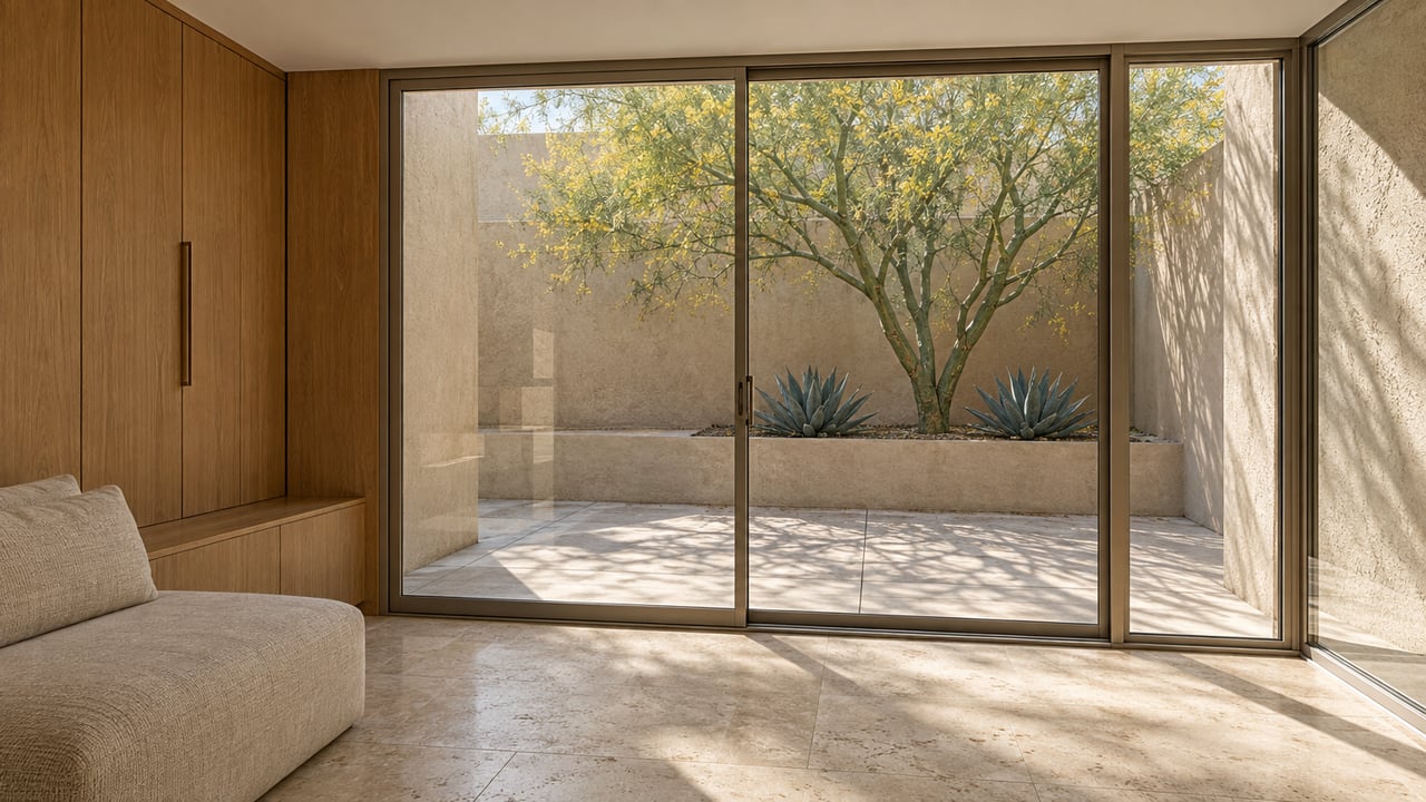Living room with warm-wood cabinetry and closed glass doors overlooking a courtyard with a branching tree and agaves.