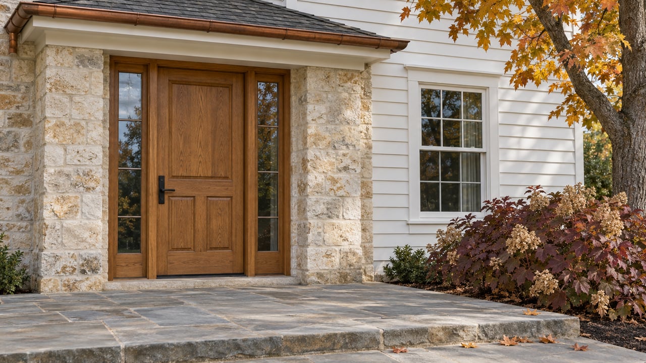 Oak front door with paired sidelights in a limestone entrance, above a bluestone landing beside amber maple leaves and burgundy oakleaf hydrangea.