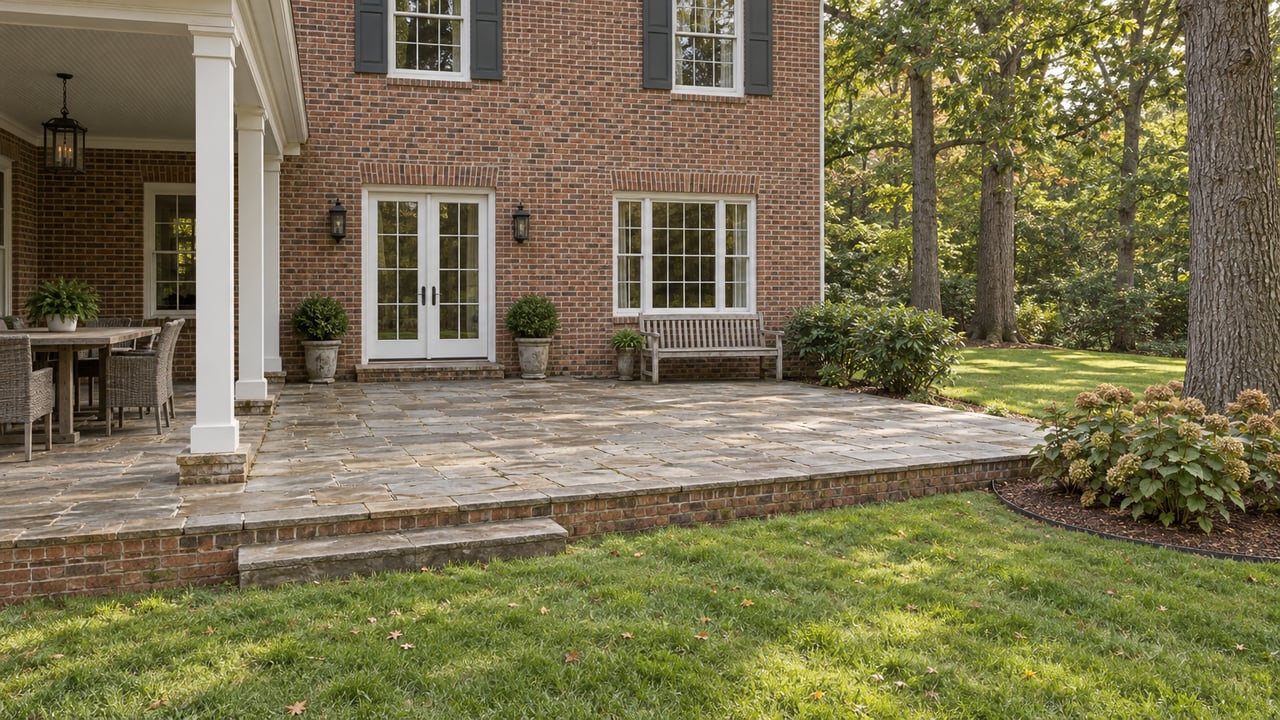 Brick home's rear wing with closed glazed doors, a weathered flagstone terrace, teak bench, and oak-shaded lawn.