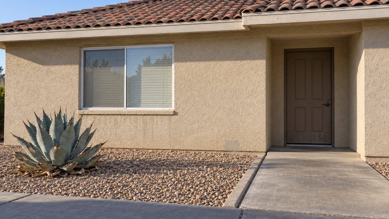 Sun-faded tile roof, textured stucco, and a recessed front door above a concrete approach beside gravel and one blue-gray agave.