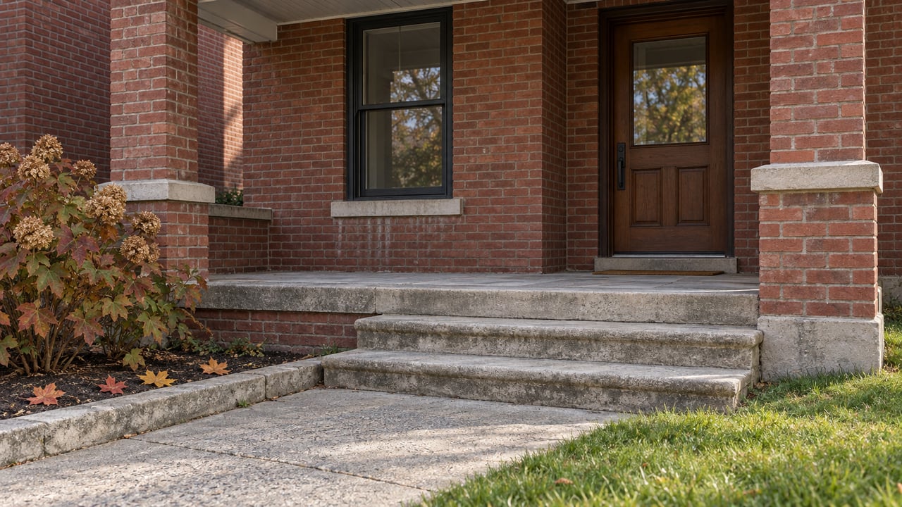 Red-brick home with a recessed oak entry, tall dark-trimmed window, weathered limestone porch steps, and russet oakleaf hydrangea.