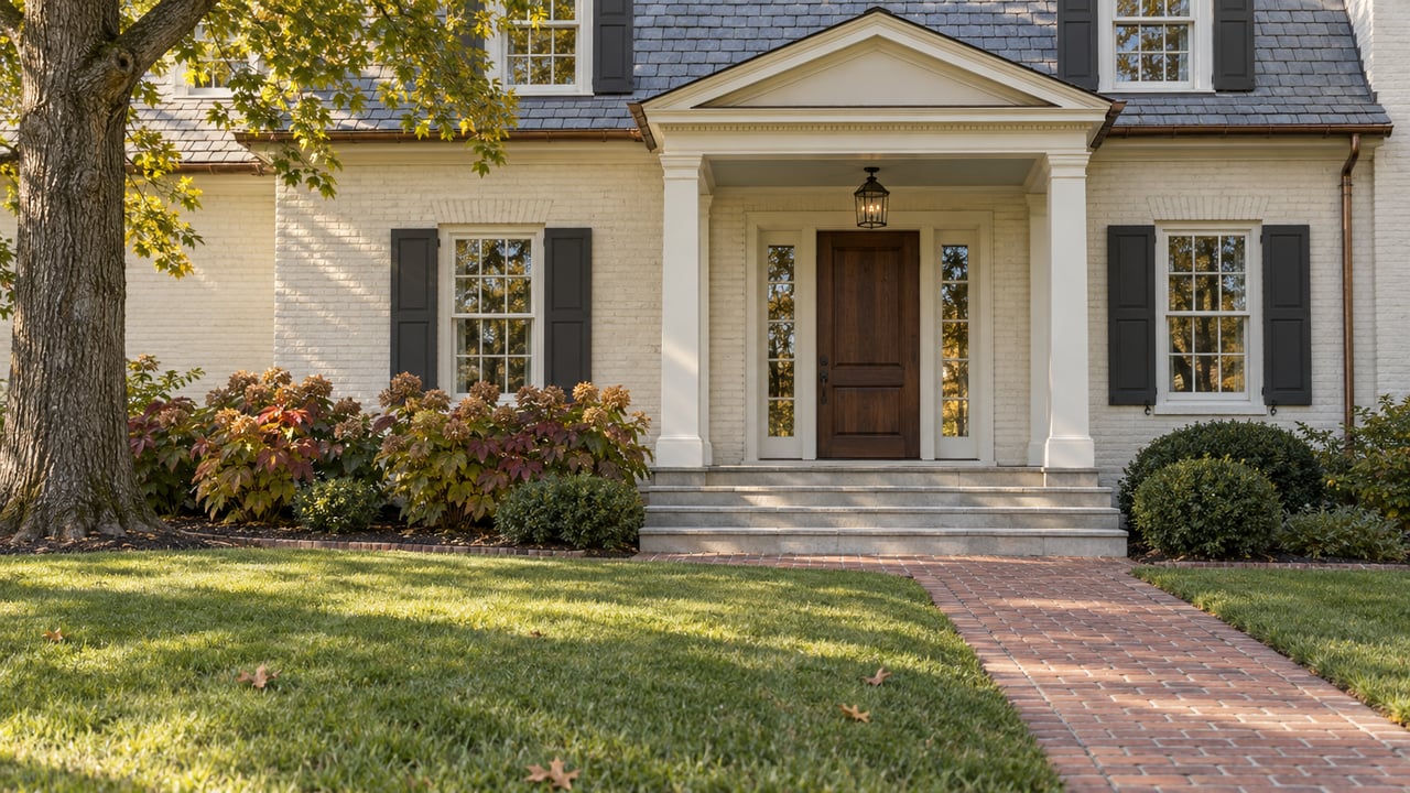 Cream painted-brick home with a columned entrance, limestone steps, brick walk and broad lawn beneath a mature oak.