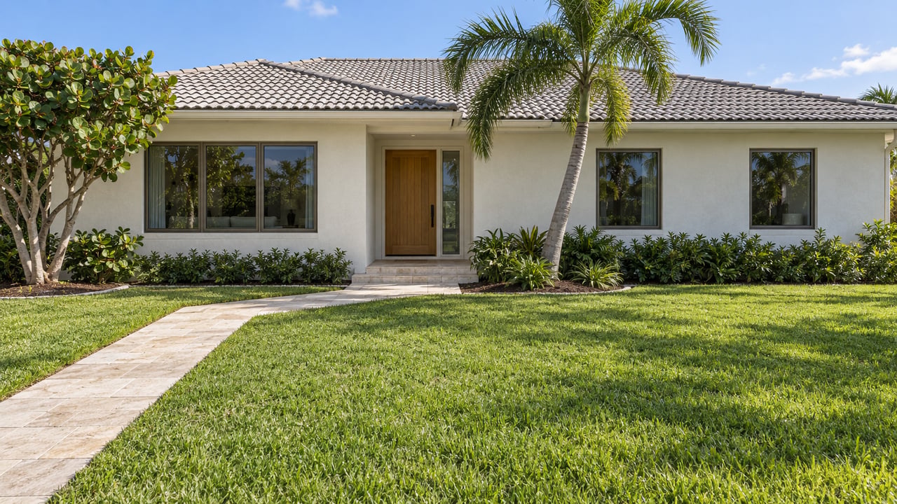 A low-roofed white stucco home behind a deep lawn, with limestone entry paving, bronze-framed windows and two specimen tropical plants.